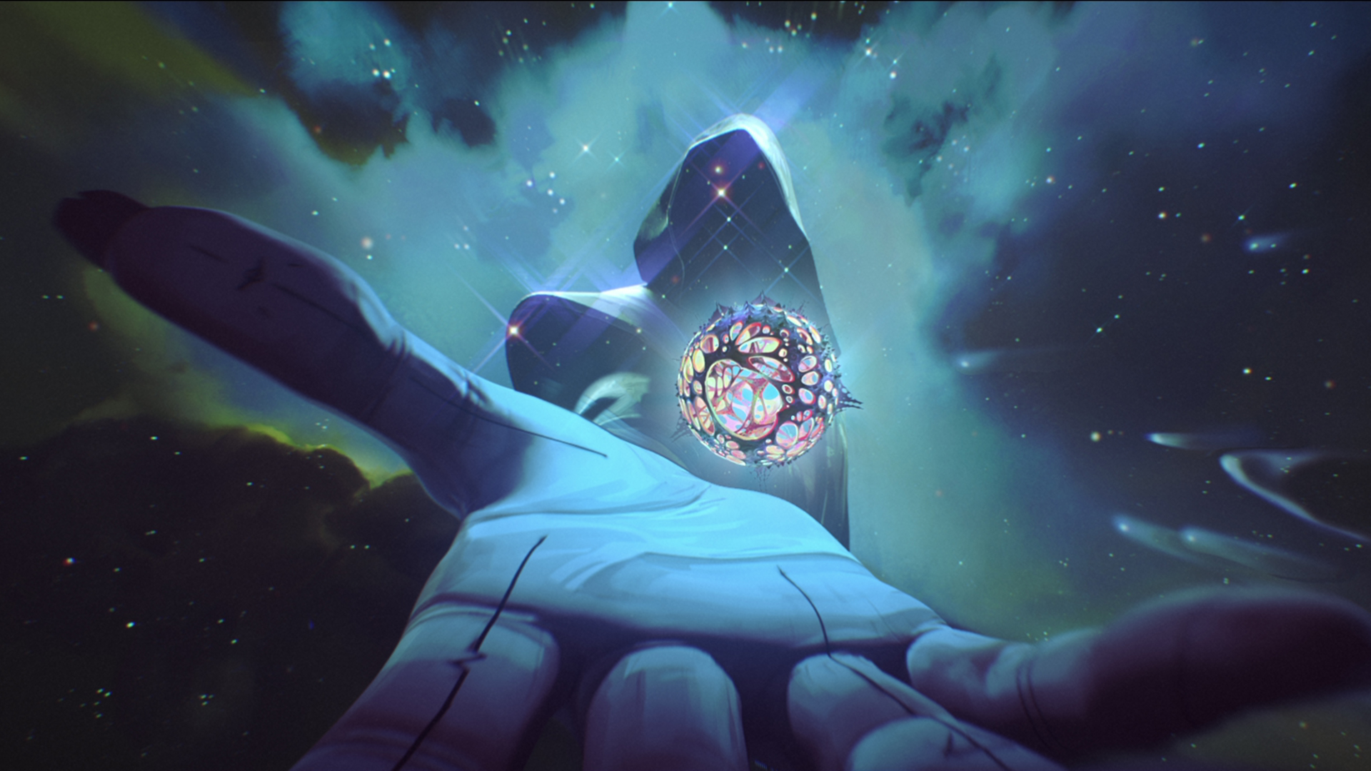 A mysterious, celestial figure holds out their hand with a magical ball hovering above it in Arcane season 2