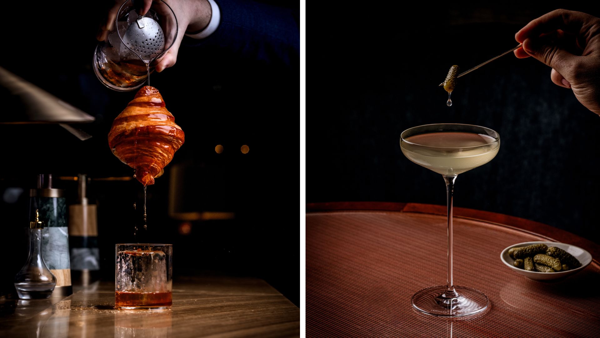 an image of the croissant cocktail and the cornichon cocktail side by side