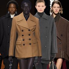 best peacoats for women shown in a collage of runway images depicting the pea coat jacket trend in the collections of Bottega Veneta, Tod's, Max Mara, and Ferragamo