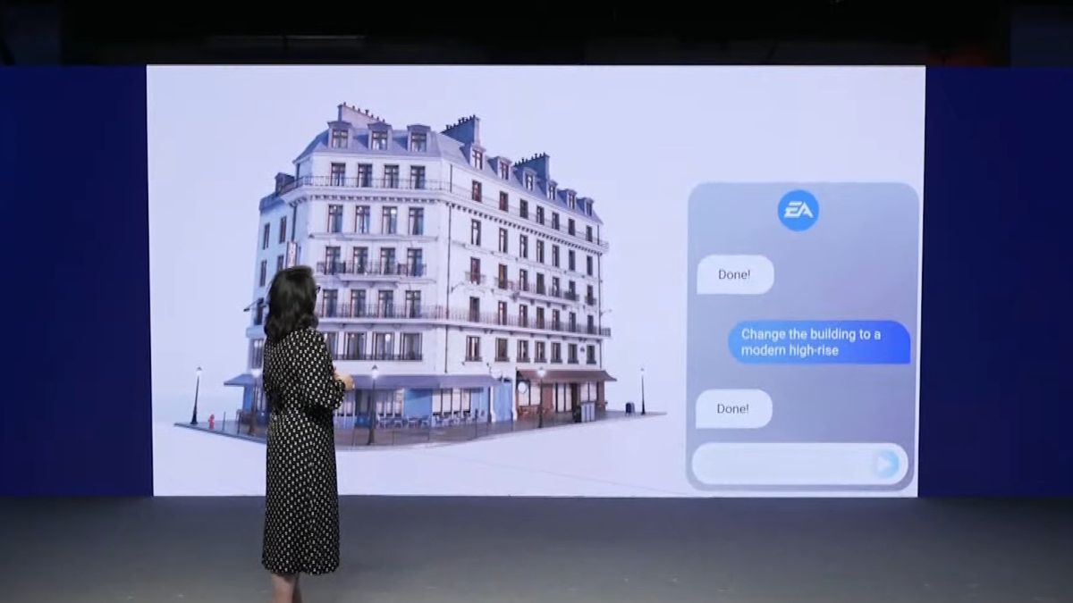 EA execs say generative AI is “not merely a buzzword for us, it’s the very core of our business,” then pretend to tell a computer to generate buildings live on stage