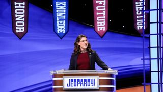 Mayim Bialik hosting the first episode of the 'Jeopardy! National College Championship' on Feb. 8, 2022.