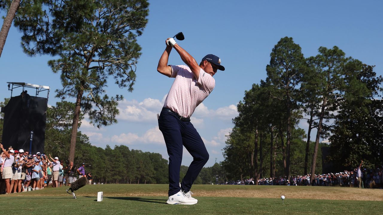 Bryson DeChambeau hits a tee shot