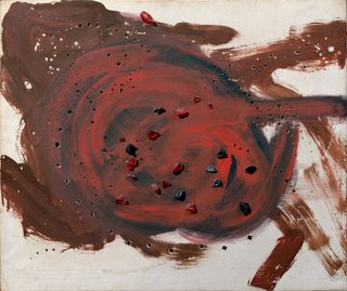 A painting of Concetto spaziale, with a beige canvas and red swirls.
