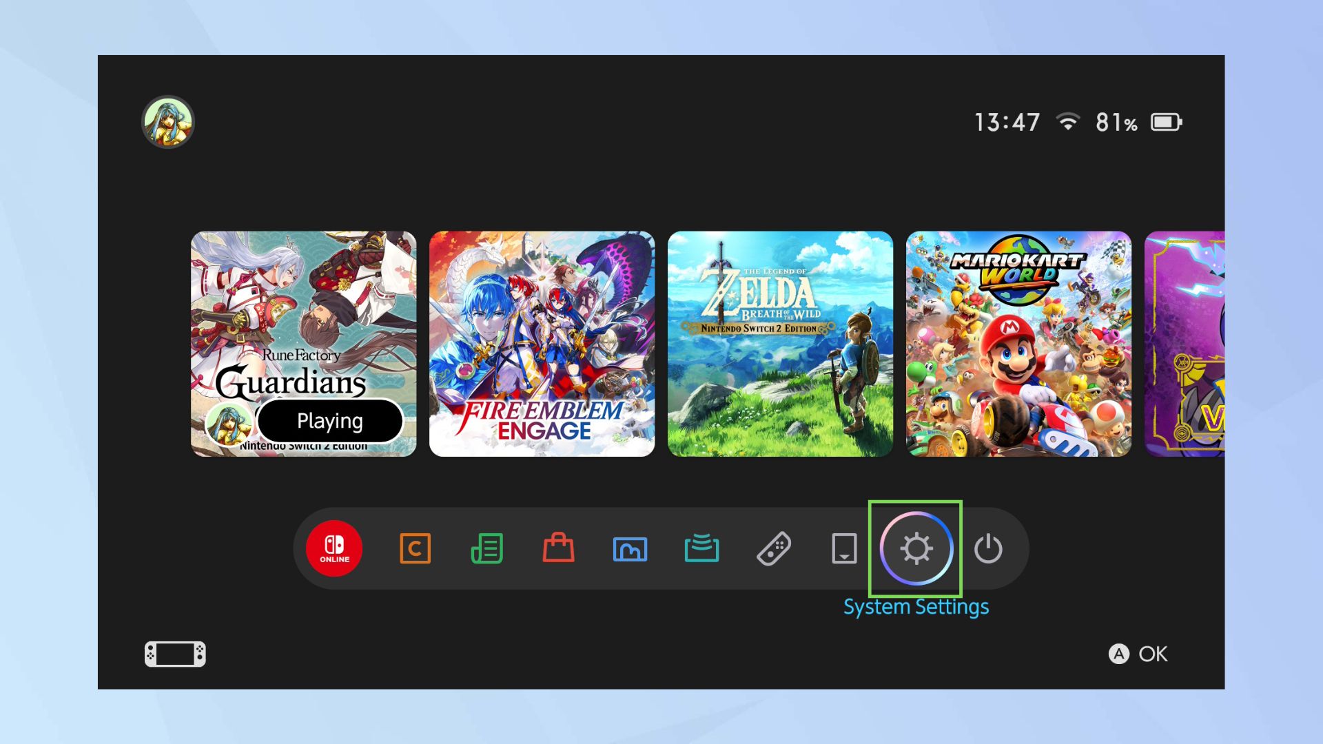 The Switch 2 home menu, with the Settings menu selected