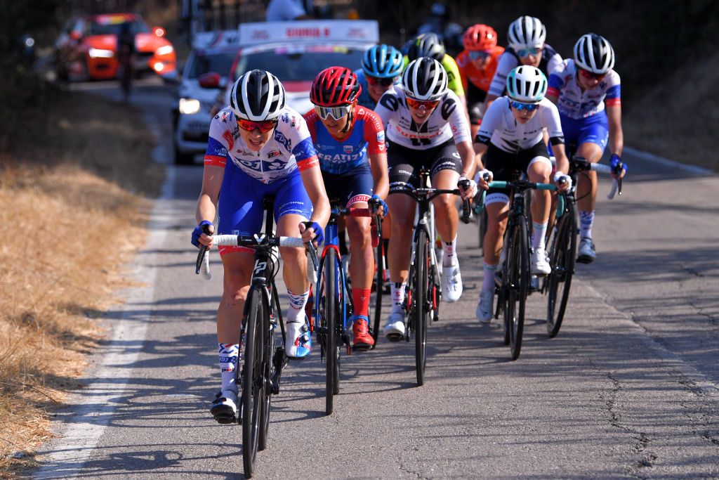 MOTTAMONTECORVINO ITALY SEPTEMBER 19 Brodie Chapman of Australia and Team FDJ Nouvelle Aquitaine Futuroscope Lara Vieceli of Italy and Ceratizit WNT Pro Cycling Team Juliette Labous of France and Team Sunweb Niamh FisherBlack of New Zealand and Team Paule Ka Peloton during the 31st Giro dItalia Internazionale Femminile 2020 Stage 9 a 1099km stage from Motta Montecorvino to Motta Montecorvino 645m GiroRosaIccrea GiroRosa on September 19 2020 in Motta Montecorvino Italy Photo by Luc ClaessenGetty Images