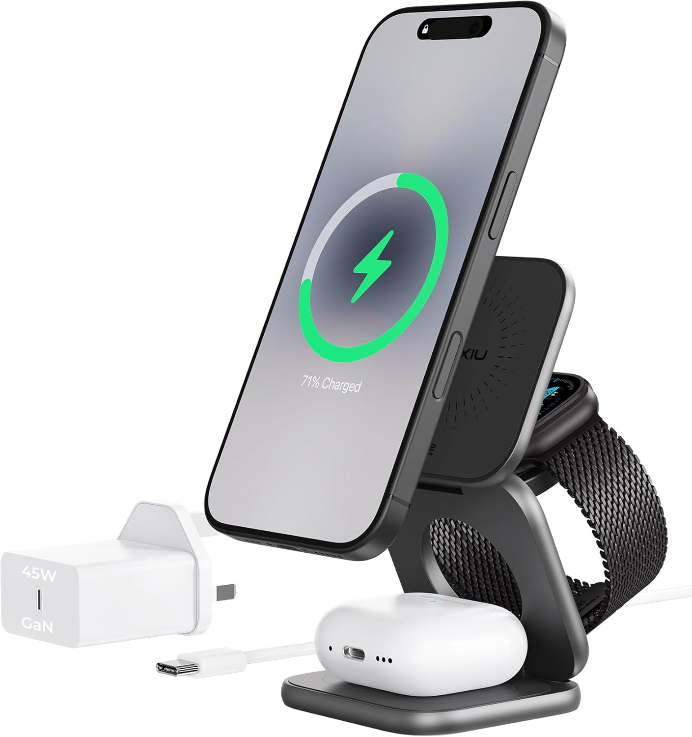 Ku Xiu X40 Turbo Qi2.2 Certified 25w Magnetic Wireless Charger, Foldable 3 in 1 Travel Charging Station for Iphone 17/16, for Iwatch, Aluminum Alloy Design, 45w Gan Adapter Included,gray