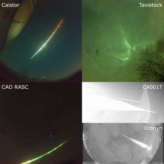 Image slit into five uneven sections to show different cameras' view of a streak acrross the sky.