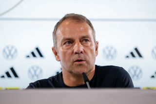 Head Coach Hansi Flick of Germany gives a press conference after the international friendly match between Germany and Japan at Volkswagen Arena on September 09, 2023 in Wolfsburg, Germany.