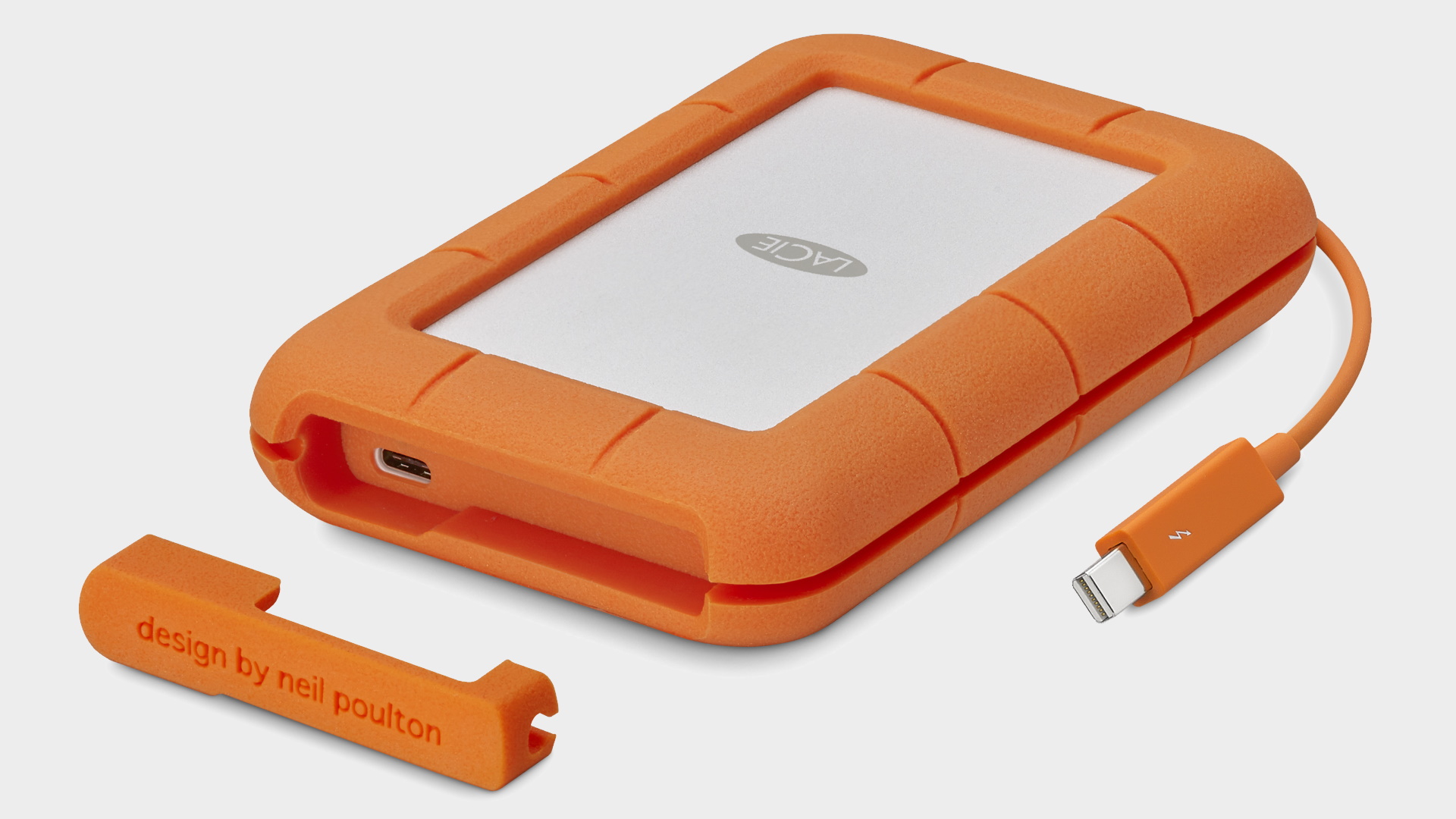 LaCie Rugged Thunderbolt external hard drive on a grey background