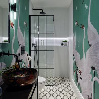 narrow bathroom with swan wallpaper