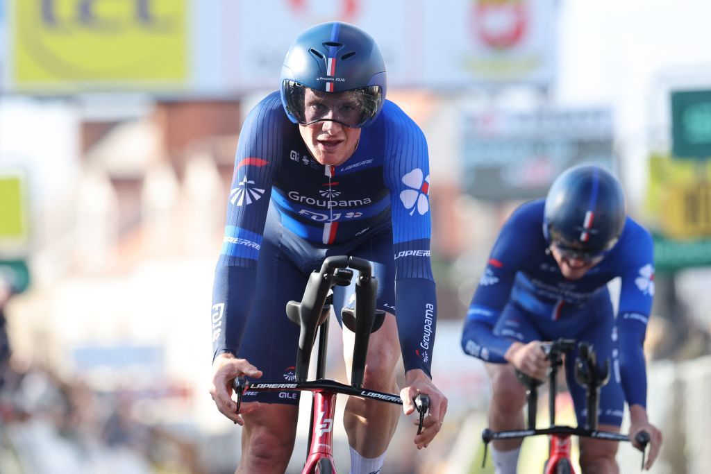 Swiss Stefan Kung of GroupamaFDJ crosses the finish line of the third stage of the 81st edition of the ParisNice eight days cycling race a 322 km team time trial with start and finish in DampierreenBurly France Tuesday 07 March 2023BELGA PHOTO DAVID PINTENS Photo by DAVID PINTENS BELGA MAG Belga via AFP Photo by DAVID PINTENSBELGA MAGAFP via Getty Images