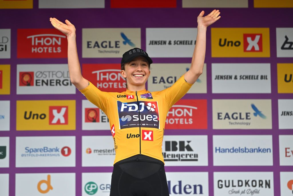 LARVIK NORWAY AUGUST 25 Cecilie Uttrup Ludwig of Denmark and Team FDJSuez Yellow Leader Jersey celebrates at podium during the 9th Tour of Scandinavia 2023 Battle Of The North Stage 3 a 1349km stage from Kongsberg to Larvik UCIWWT on August 25 2023 in Larvik Norway Photo by Luc ClaessenGetty Images