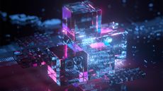 Post-quantum cryptography concept image showing digitized data storage cubes with exposed numbers and binary code.
