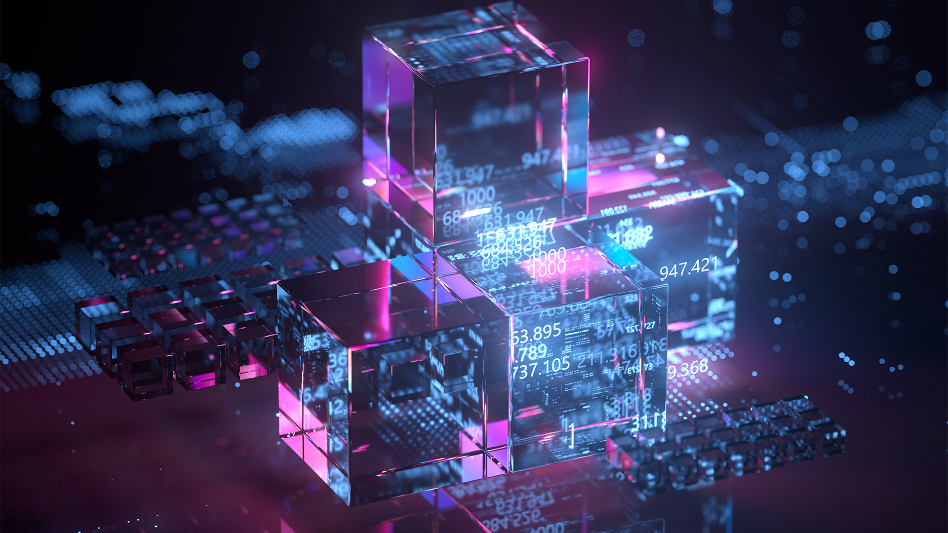 Post-quantum cryptography concept image showing digitized data storage cubes with exposed numbers and binary code.