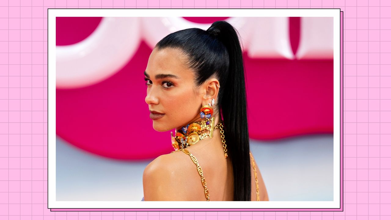 Dua Lipa wears a pink, shimmery dress and her hair in a ponytail as she attends the &quot;Barbie&quot; European Premiere at Cineworld Leicester Square on July 12, 2023 in London, England/ in a pink template