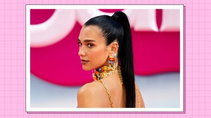 Dua Lipa wears a pink, shimmery dress and her hair in a ponytail as she attends the "Barbie" European Premiere at Cineworld Leicester Square on July 12, 2023 in London, England/ in a pink template