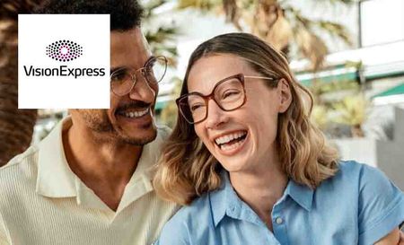 Vision Express logo placed over a couple smiling happily 