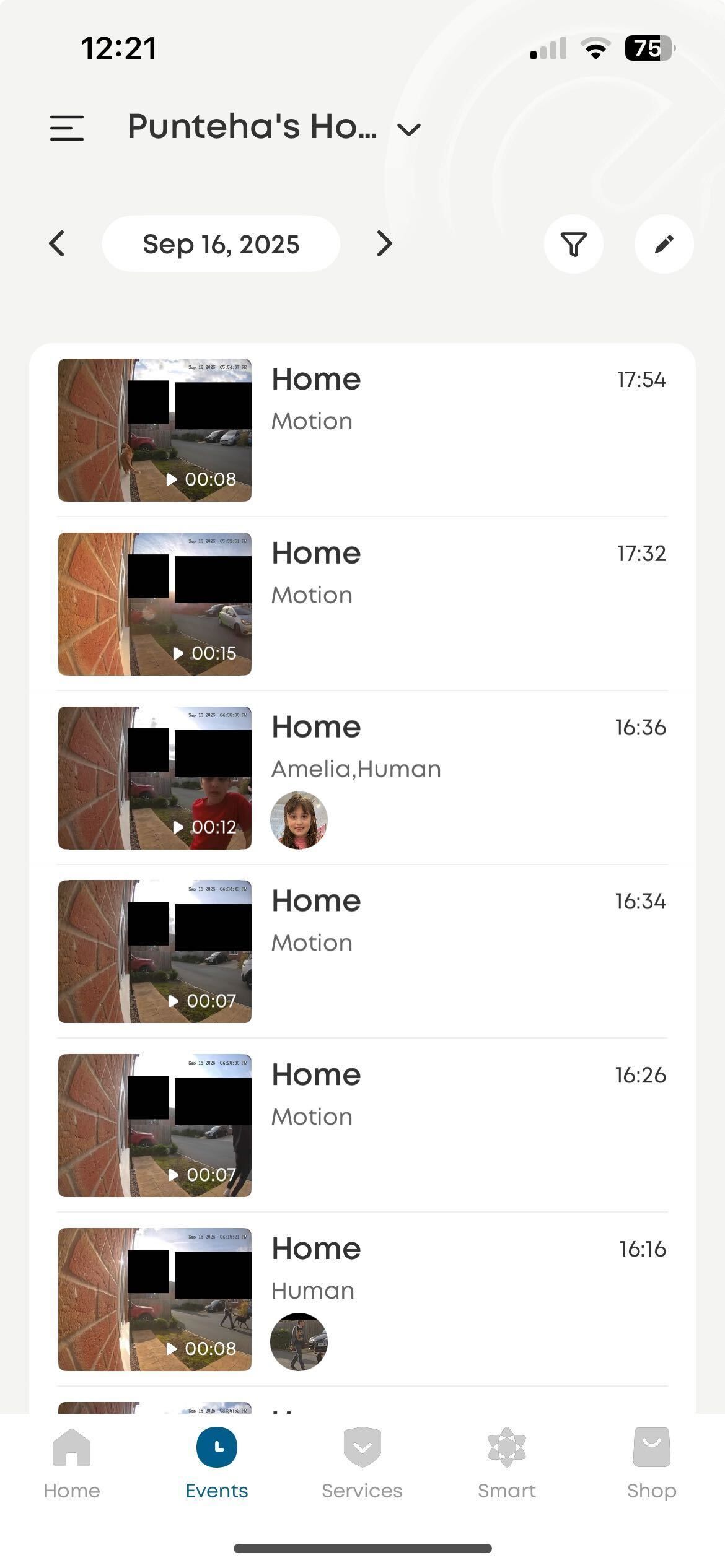 Screenshots of named visitor mentions in app, including my daughter 'Amelia', which the AI identified as human. Black privacy squares are visible to block recording of my neighbor's windows.