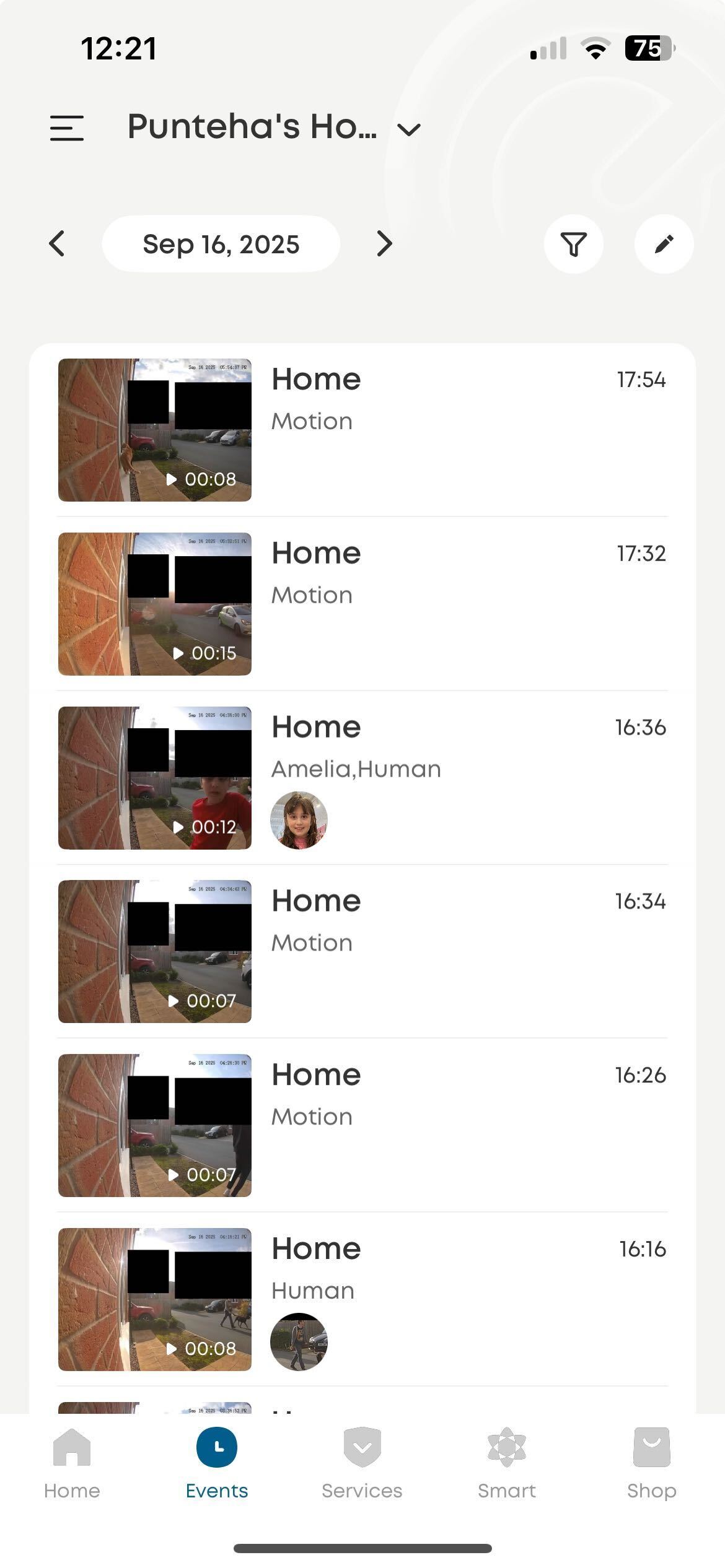Screenshots of named visitor mentions in app, including my daughter 'Amelia', which the AI identified as human. Black privacy squares are visible to block recording of my neighbor's windows.