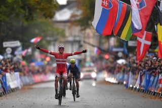 HARROGATE ENGLAND SEPTEMBER 29 Arrival Mads Pedersen of Denmark Celebration Matteo Trentin of Italy during the 92nd UCI Road World Championships 2019 Men Elite Road Race a 2618km race from Leeds to Harrogate 125m RR Yorkshire2019 Yorkshire2019 on September 29 2019 in Harrogate England Photo by Tim de WaeleGetty Images