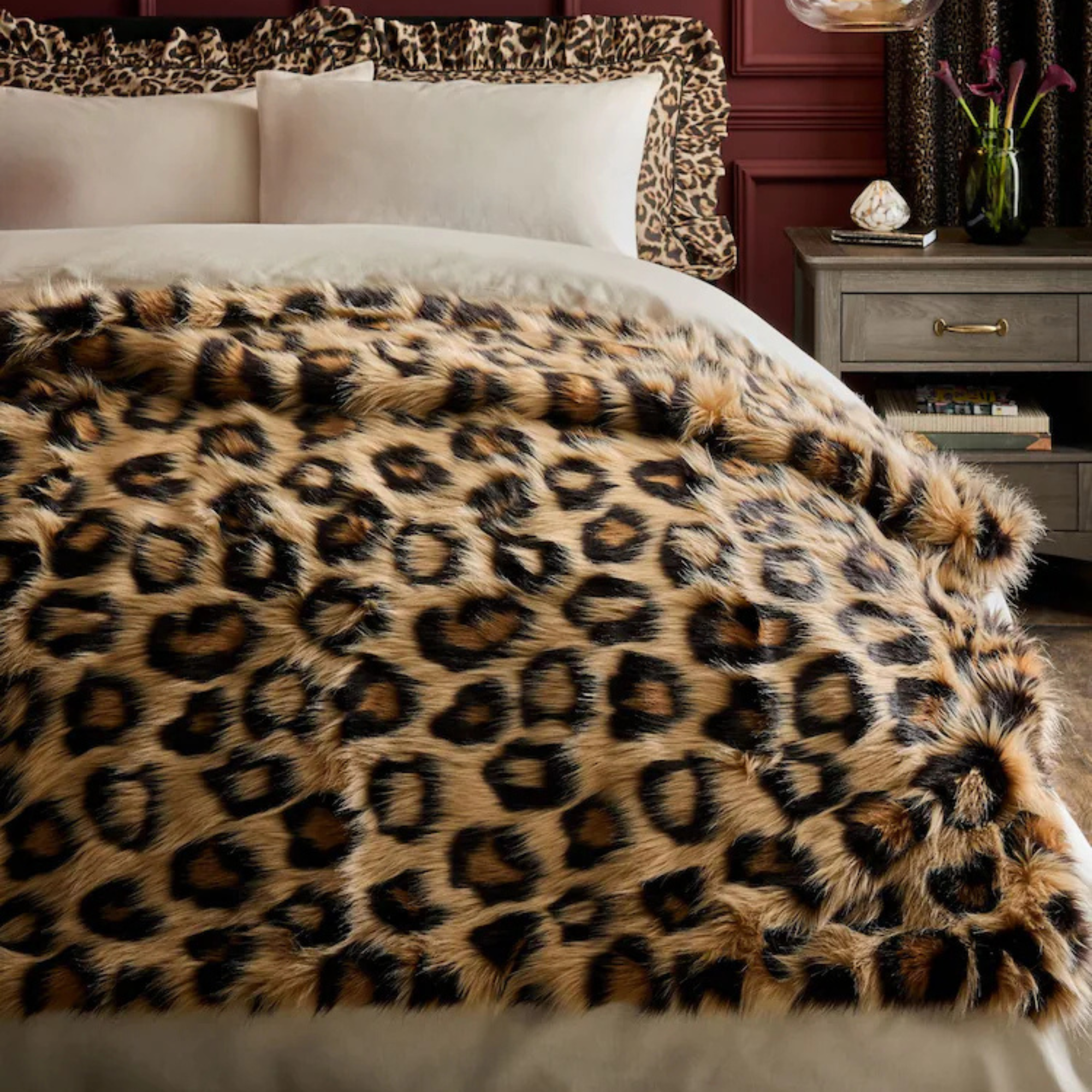 Brown Long Leopard Print Faux Fur Throw