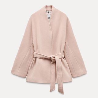 pink zara coat with belted waist