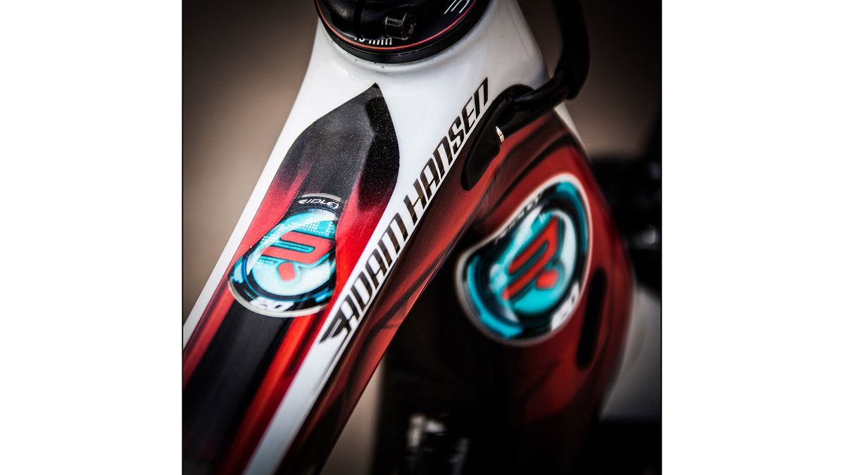 Custom paint and a roundel inspired by Ironman and commemorating Hansen's 20th Grand Tour start adorn the bike