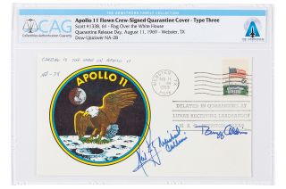 Number 28 of 214 philatelic covers flown to the moon by the Apollo 11 crew. Neil Armstrong received 47 of the stamped and crew-signed envelopes, of which this is one.