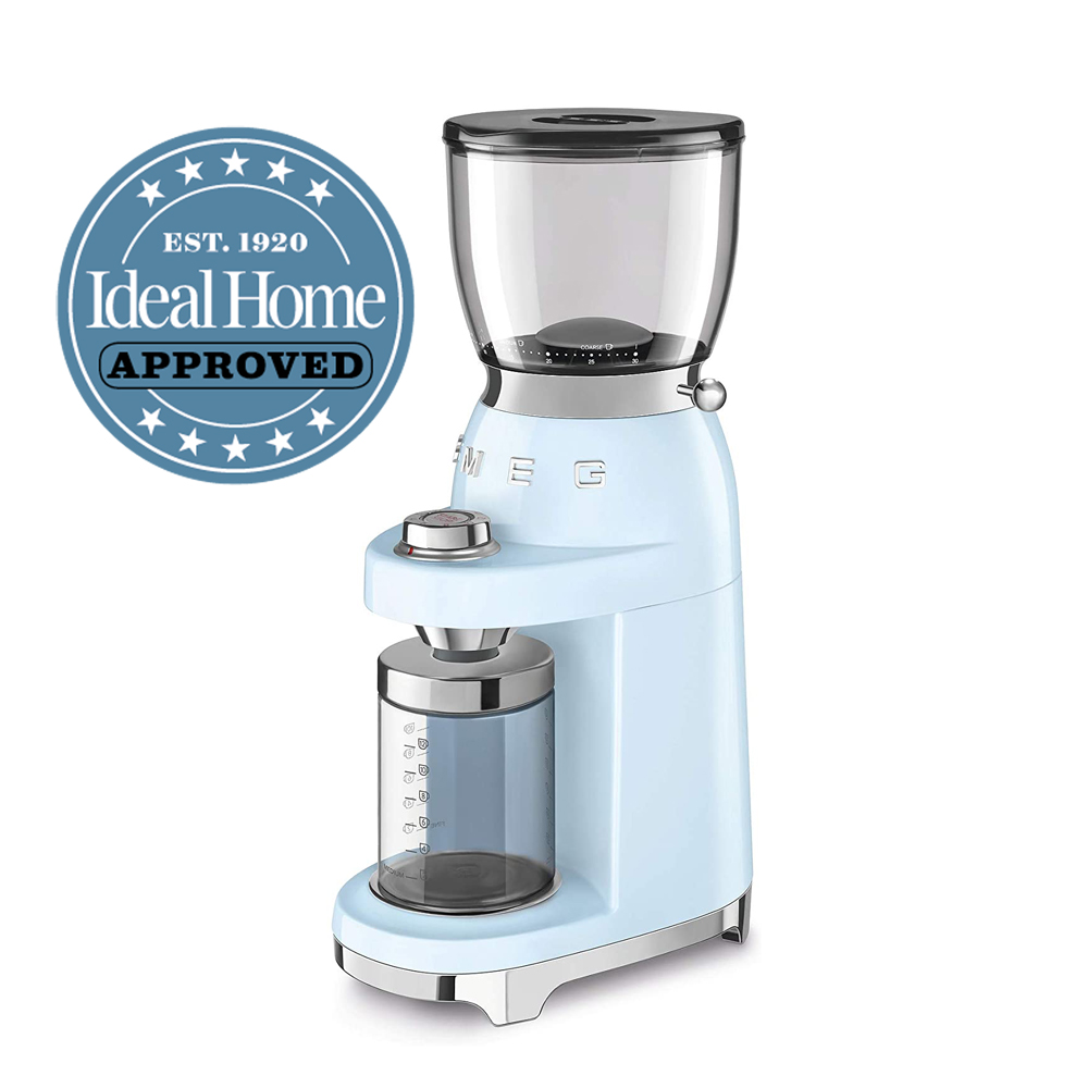 Smeg CGF01 Coffee Grinder. Ideal Home Approved Logo.