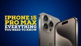 iPhone 15 Pro Max in natural titanium on blue background with yellow text