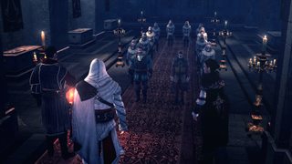 An assassin stands before a group of people