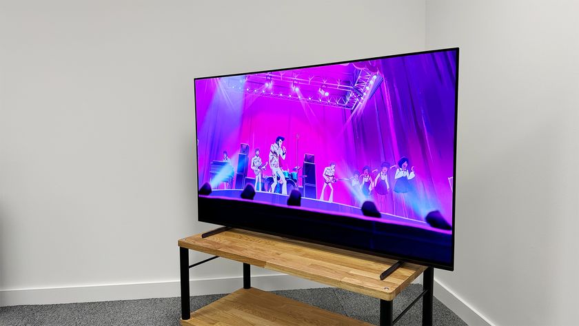 55-inch Sony A80L on a wooden stand with an image from animated TV show Agent Elvis on the screen