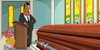 Bojack Horseman looking at his mother's casket