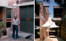 On the left, Doshi outside his self-designed home and on the right, the School of Architecture at the Centre for Environmental Planning and Technology