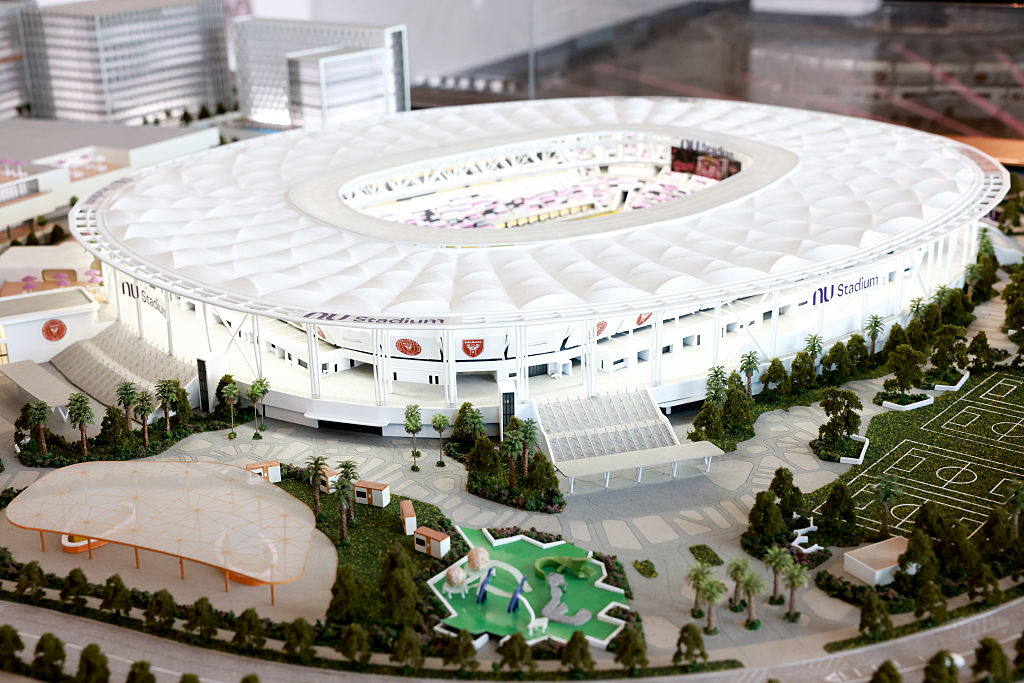 A model of Nu Stadium, Inter Miami's new stadium, in Miami, Florida, US, on Monday, March 2, 2026. Inter Miami CF, the home of superstar Lionel Messi, signed a deal with Nu Holdings that gives the financial technology behemoth naming rights for the team's new stadium and space on its famous pink jerseys.