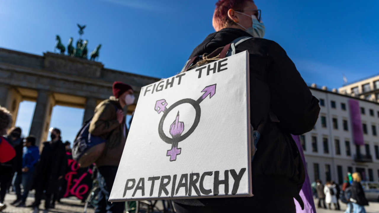 Protester demonstrates on International Women’s Day in Berlin