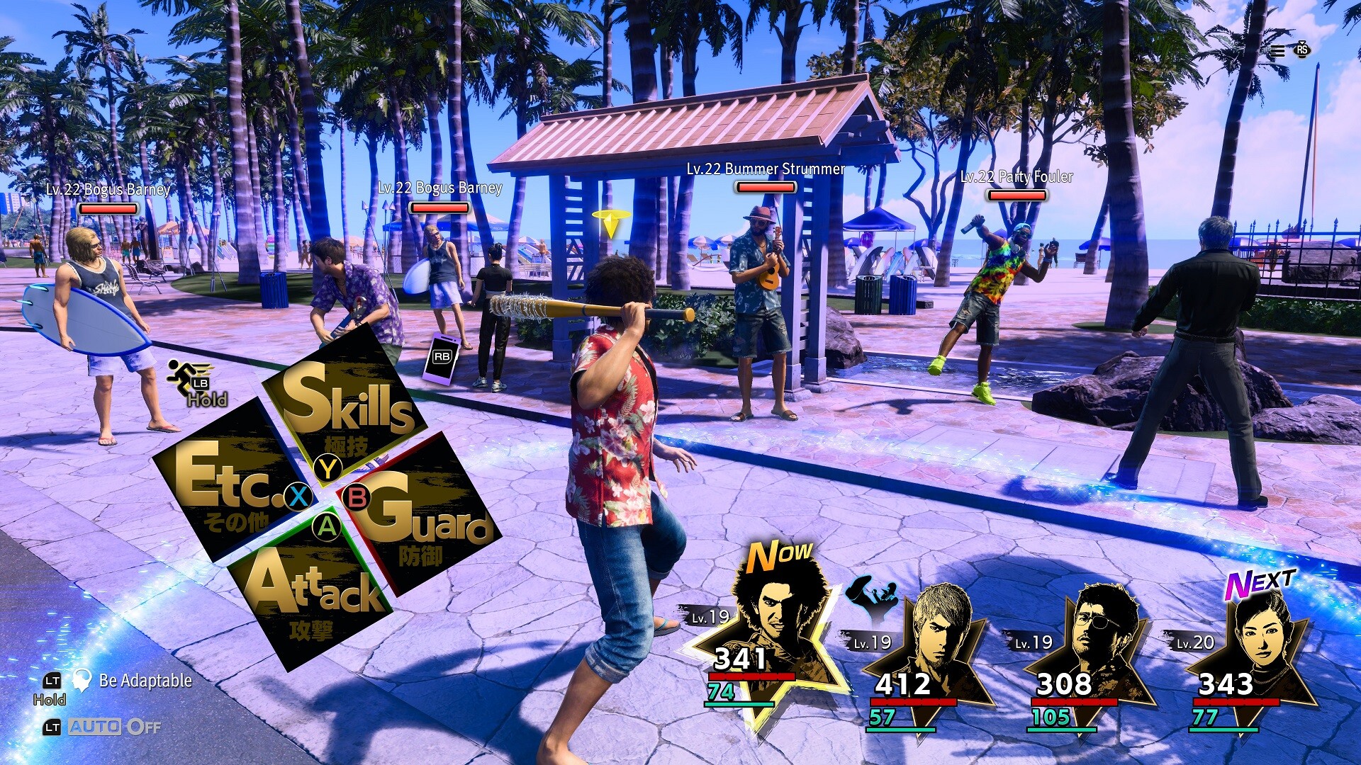 In Like a Dragon: Infinite Wealth, protagonist Ichi and Kiryu fight alongside companions, taking to turns to land hits against enemies on a beach