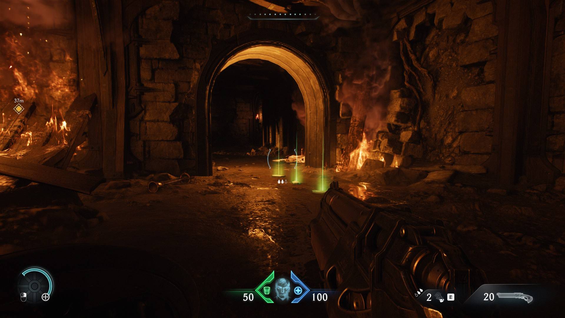 DOOM: The Dark Ages gameplay featuring fire-lit corridor with line of ltems leading way.