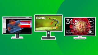 Three of the best 4K monitors on a green background