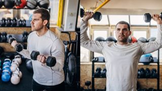 Man performs Arnold press with dumbbells