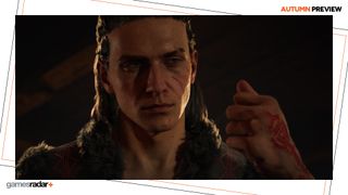 Coen looks at his closed fist in The Blood of Dawnwalker, with the GamesRadar+ Autumn Preview frame