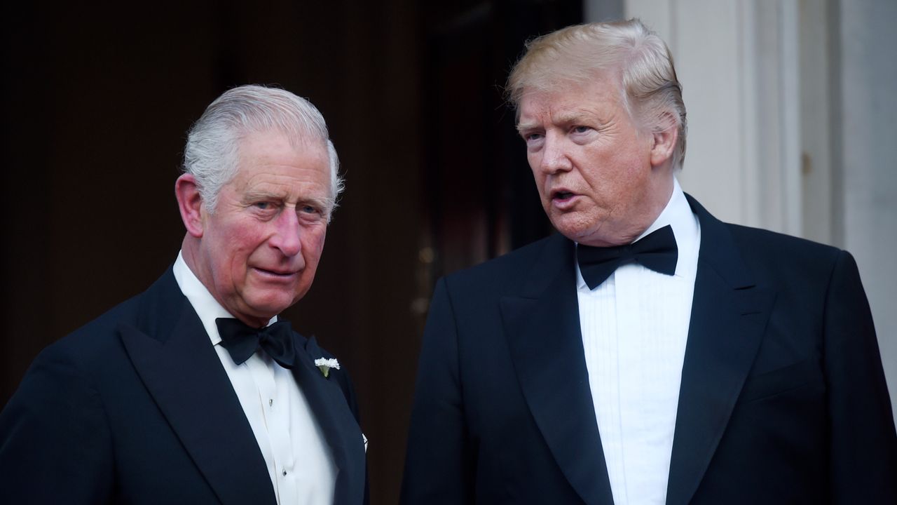 King Charles and Donald Trump talking to each other wearing tuxedos and bow ties