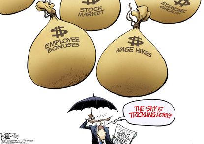 Political cartoon U.S. Democrats tax cuts trickle down economy wage increase