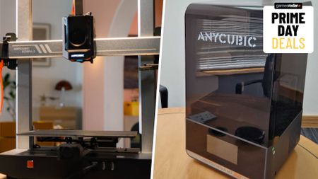 The Anycubic Kobra 3 Combo and Anycubic Photon Mono M7 Pro 3D printers on tables, divided by a white line, and with a 'Prime Day deals' badge in the top right-hand corner of the frame