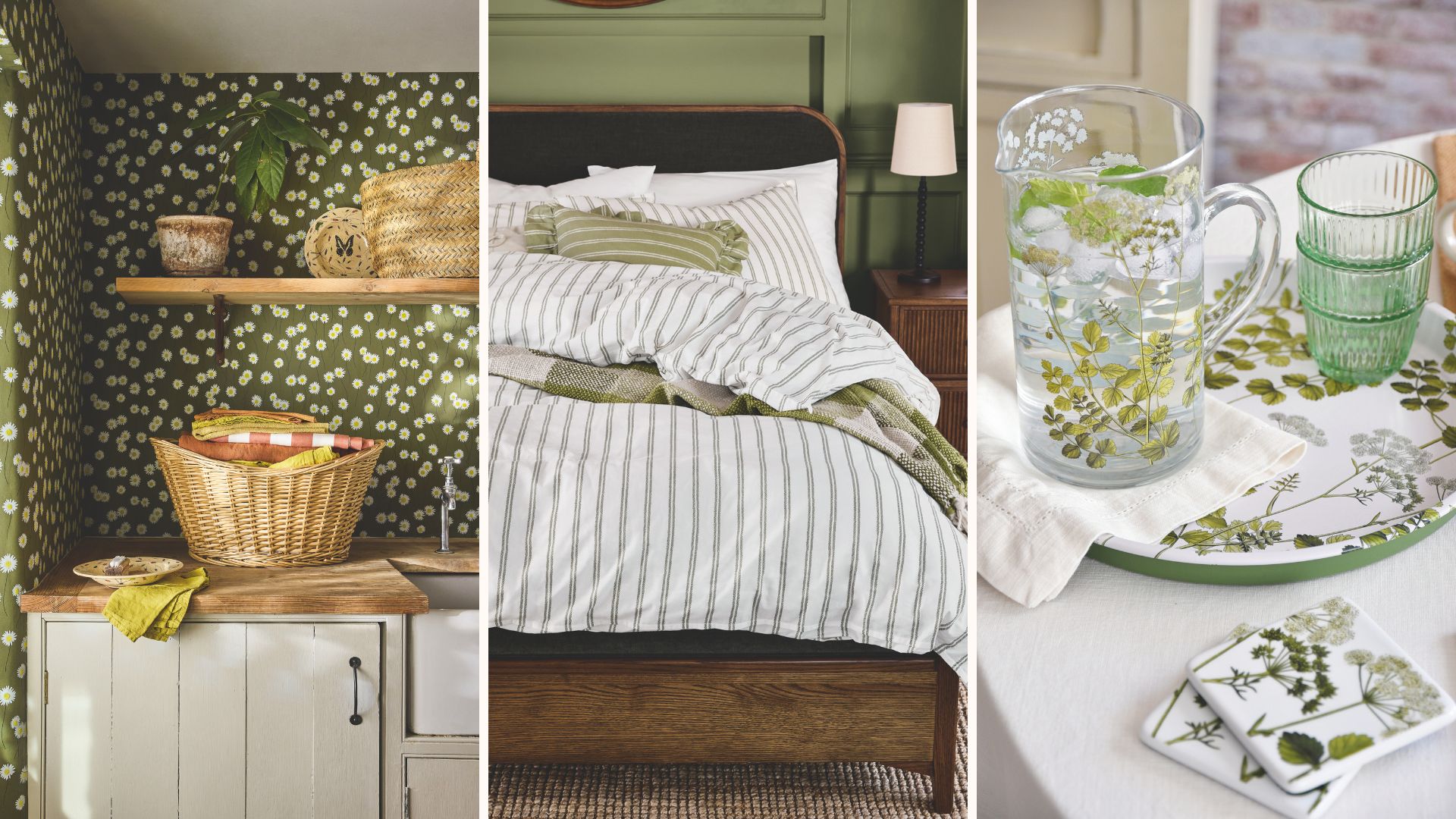 Compilation image of a laundry area, bedroom and dining table to support the spring greens home decor trend 2026