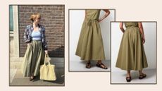 matilda wearing the TU midi skirt next to two model shots 