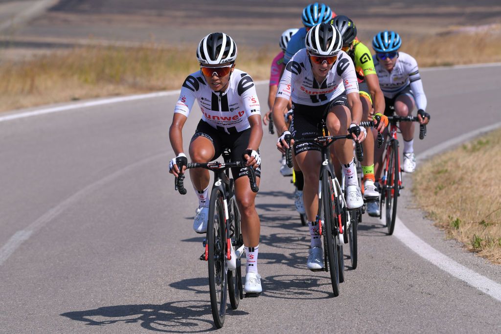 MOTTAMONTECORVINO ITALY SEPTEMBER 19 Coryn Rivera of The United States and Team Sunweb Juliette Labous of France and Team Sunweb Breakaway during the 31st Giro dItalia Internazionale Femminile 2020 Stage 9 a 1099km stage from Motta Montecorvino to Motta Montecorvino 645m GiroRosaIccrea GiroRosa on September 19 2020 in Motta Montecorvino Italy Photo by Luc ClaessenGetty Images