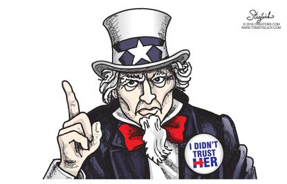 Political cartoon U.S. 2016 election Hillary Clinton no trust