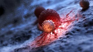An illustration of an immune cell attacking a cancer tumor.