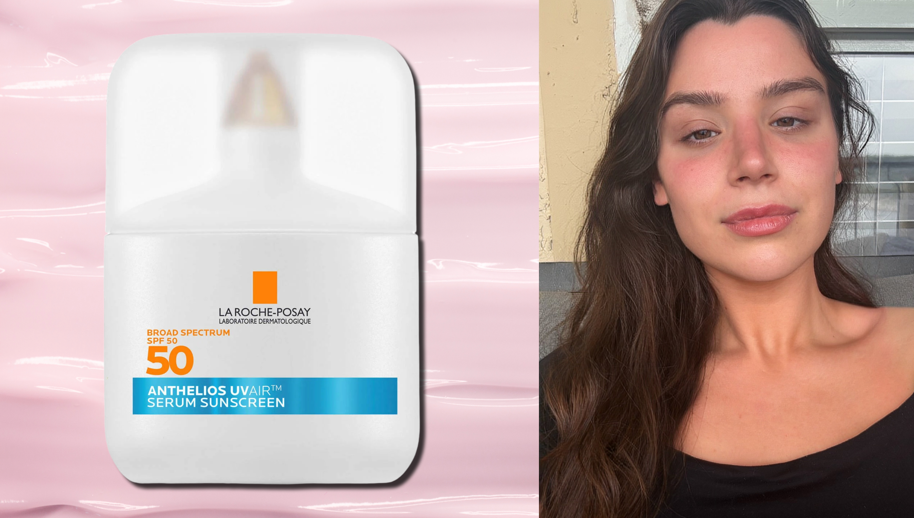 la roche posay spf on a pink background next to a woman with brown hair and tan skin